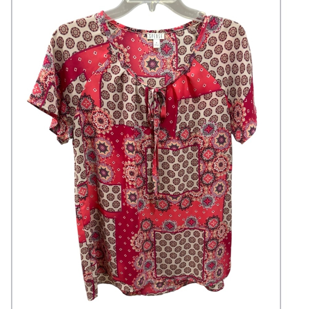Spense - Coral & Tan Patchwork Print Blouse - Size Medium